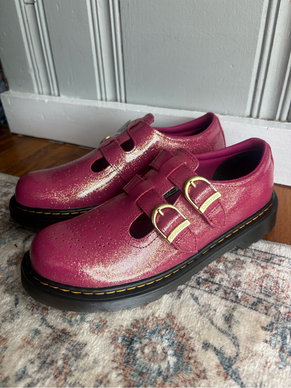 Womens Size 6 Dr. Martens Metallic Pink Buckle Mary Jane Shoes Shimmery NEW